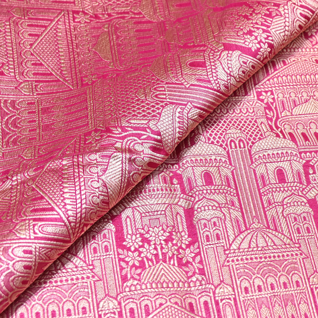 Pink Color Pure Silk Alfi Zari Brocade Fabric 44" – Luxury Traditional Designer Fabric ZTF001-7