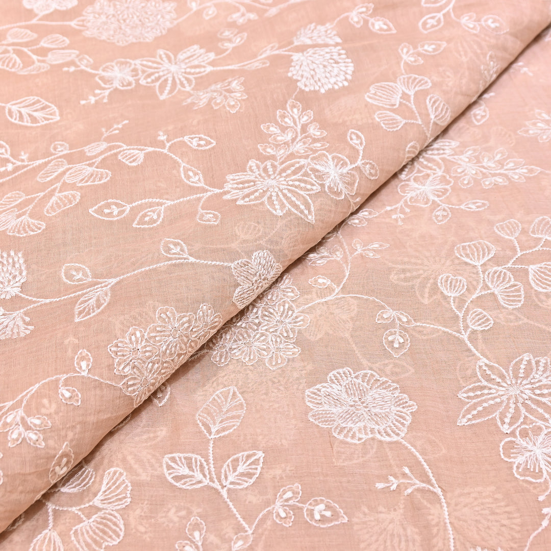 Peach Nude Color Mul Chanderi Thread Embroidery Fabric – Soft Lightweight Designer Fabric- F73560-4