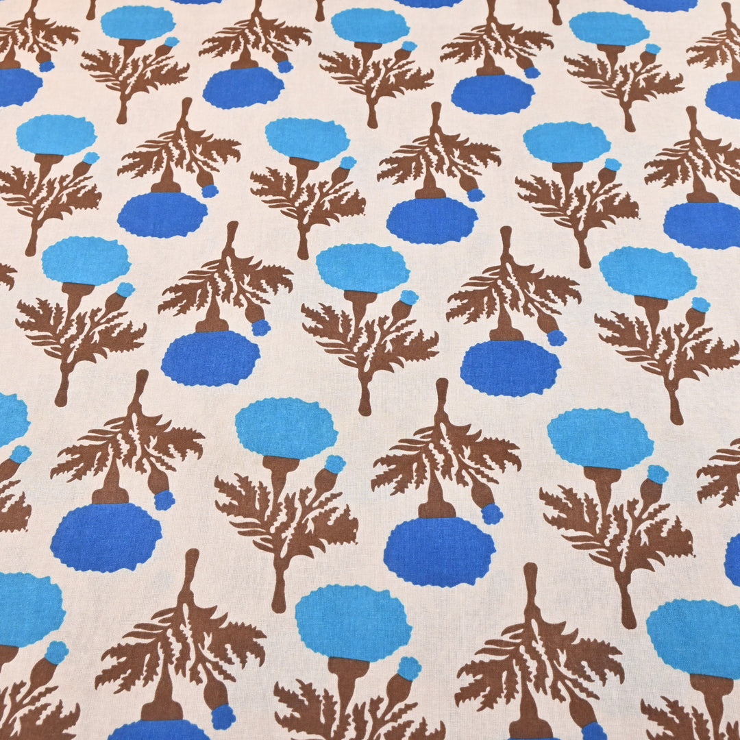 White Cotton Linen In Blue Floral Print