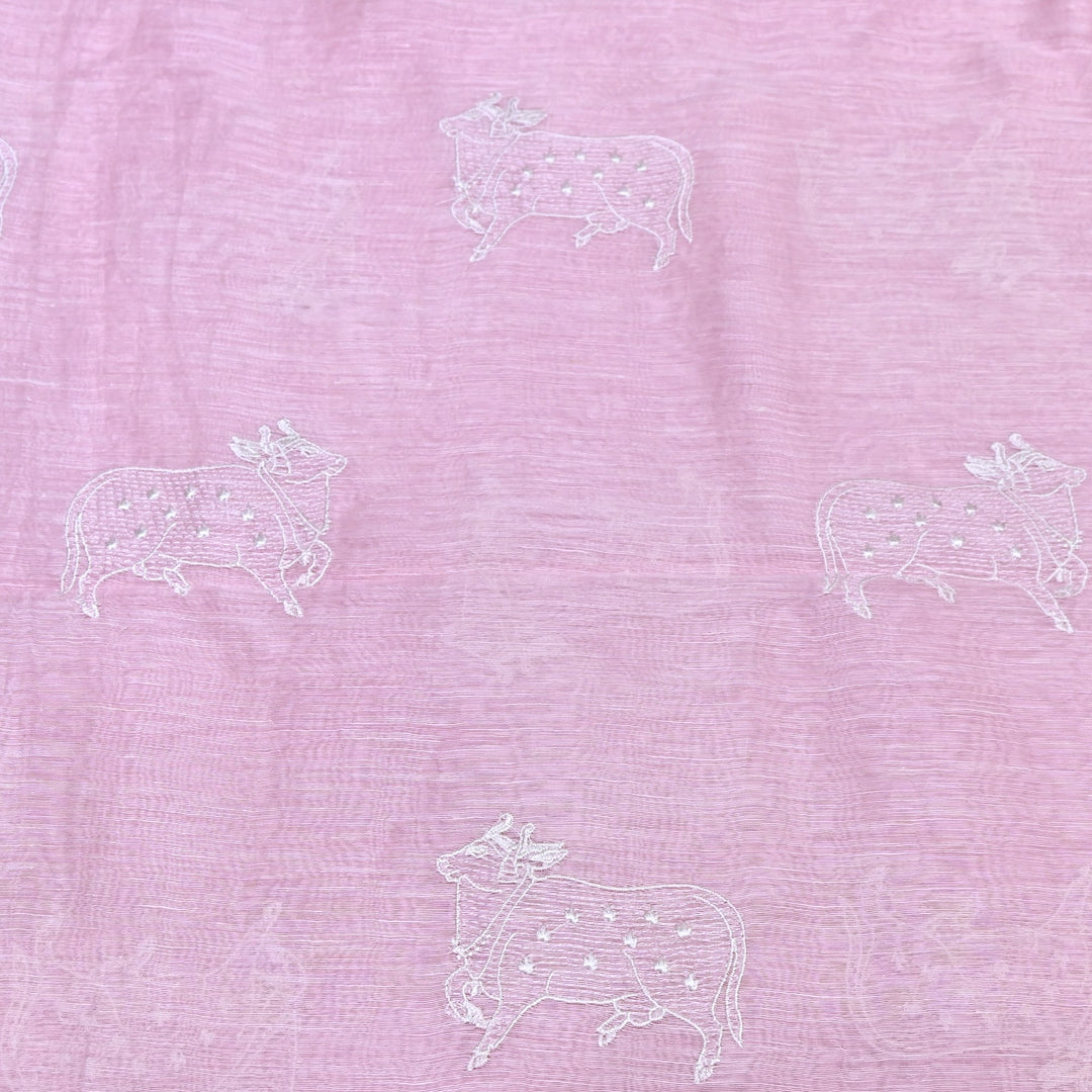 Powder Pink Color Linen Thread Embroidery Fabrics – Soft Designer Linen Embroidered Fabric-031168-5