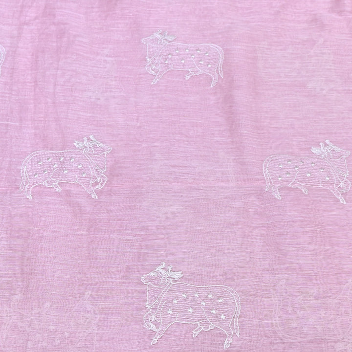Powder Pink Color Linen Thread Embroidery Fabrics – Soft Designer Linen Embroidered Fabric-031168-5