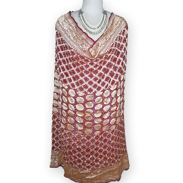 Maroon Gharchola Bandhani Dupatta in Pure Georgette – Traditional Zari Woven Festive Dupatta