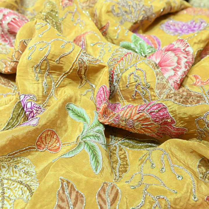 Multi Color Crepe Position Print Zari Sequence Embroidery Fabric-0NP432-4