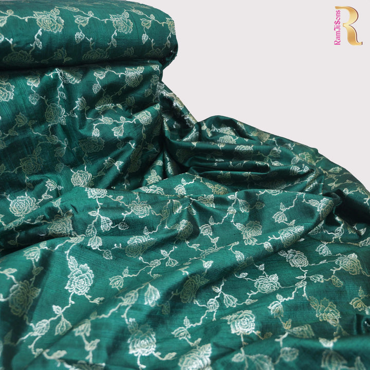 Dark Green  Pure row silk Zari Brocade fabric. | 165-192G