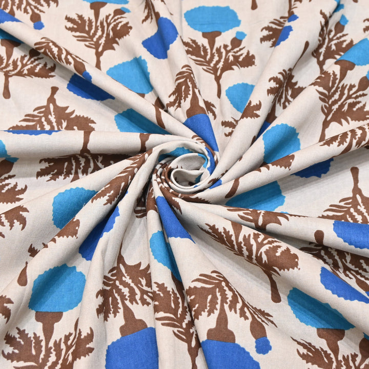 White Cotton Linen In Blue Floral Print