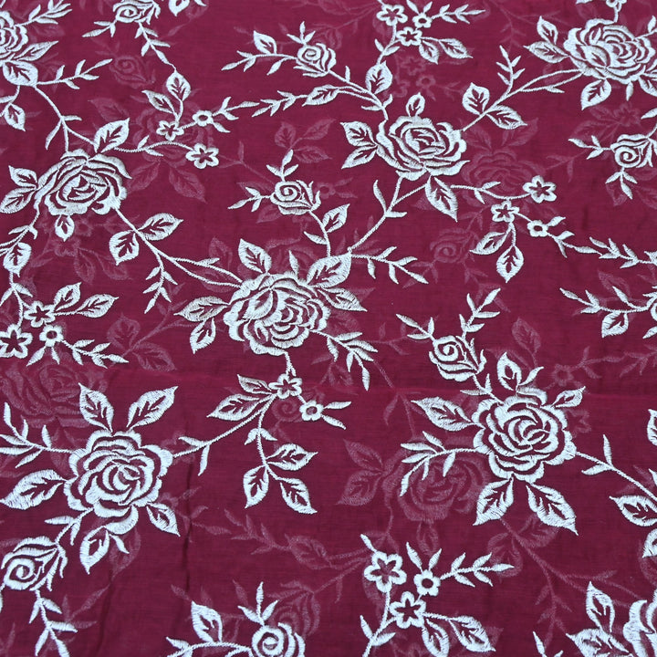 Wine Berry Color Mul Chanderi Thread Embroidery Fabric