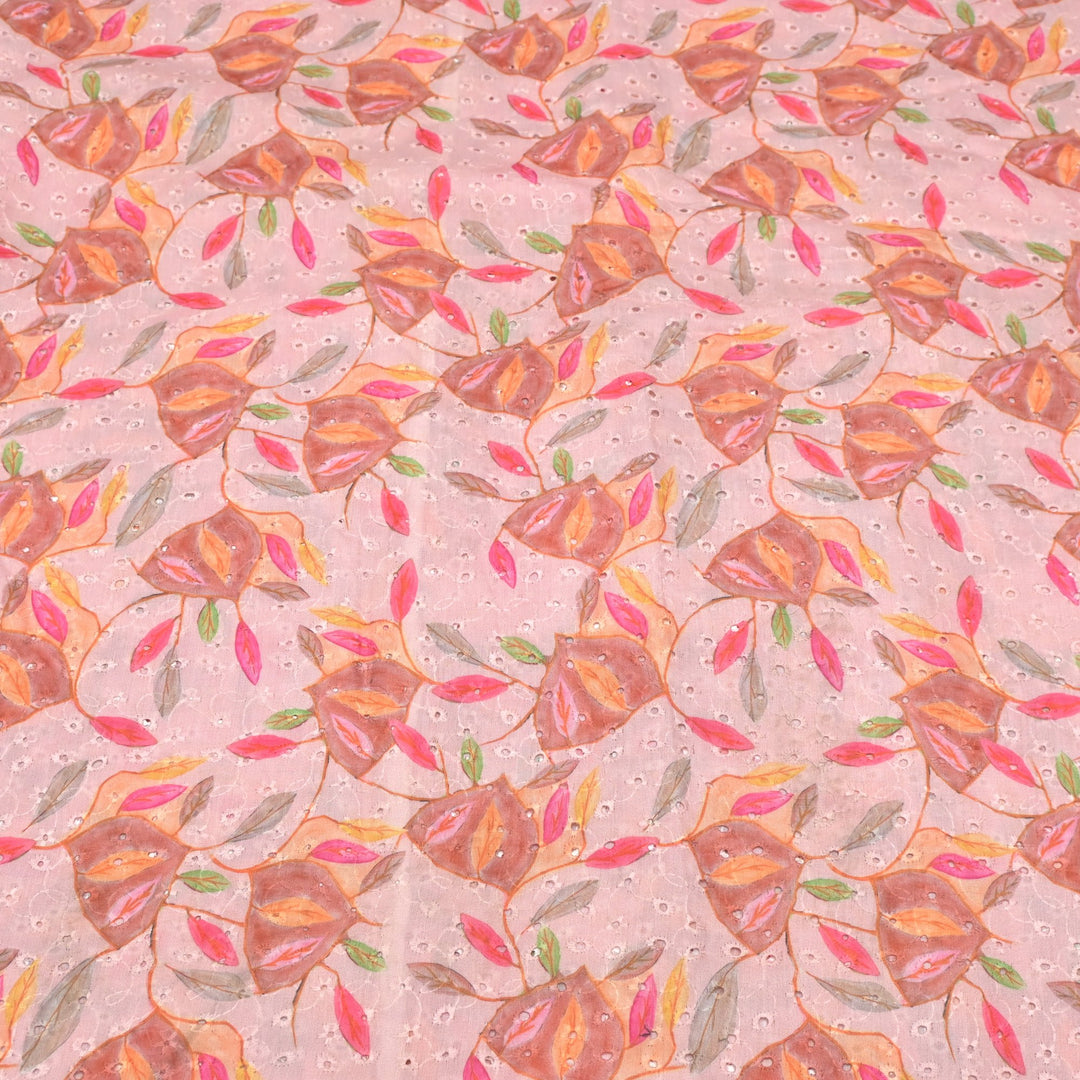 Floral Digital Print Cotton Chikan Embroidery Fabrics