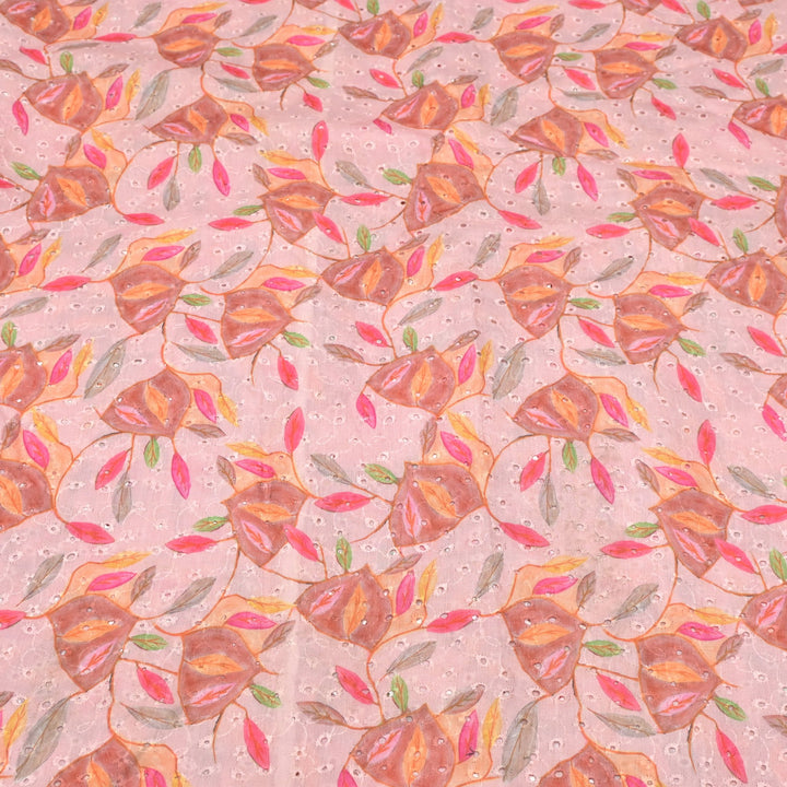 Floral Digital Print Cotton Chikan Embroidery Fabrics