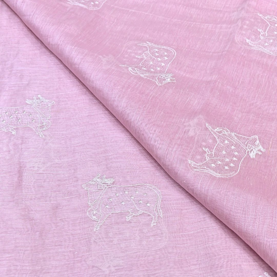 Powder Pink Color Linen Thread Embroidery Fabrics – Soft Designer Linen Embroidered Fabric-031168-5