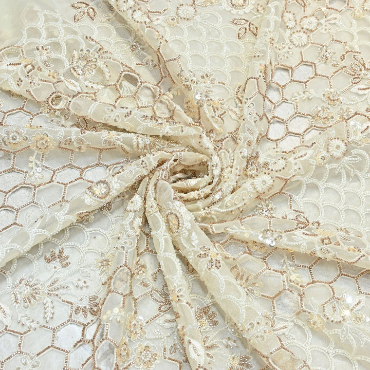 Dyed Net Moti & Sequins Embroidery Fabric – Elegant Designer Net Fabric V2490C