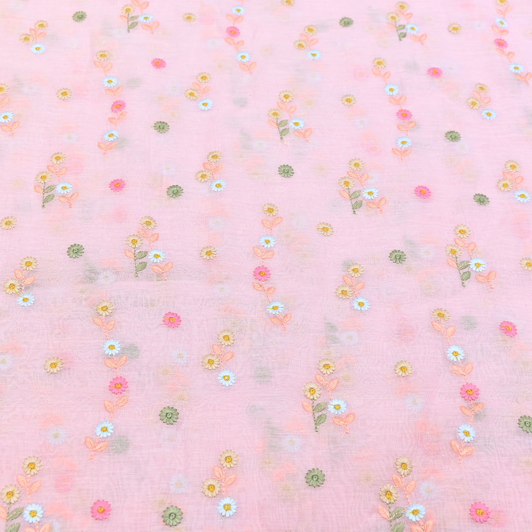 Pastel Pink Color Mul Chanderi Thread Embroidery Fabric – Soft Lightweight Designer Fabric- GP4209-1