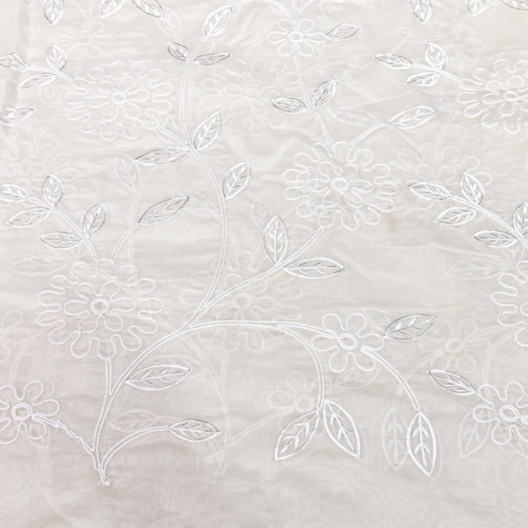Premium Dyeable Mul Chanderi Floral Thread Embroidery Fabric - MF0638