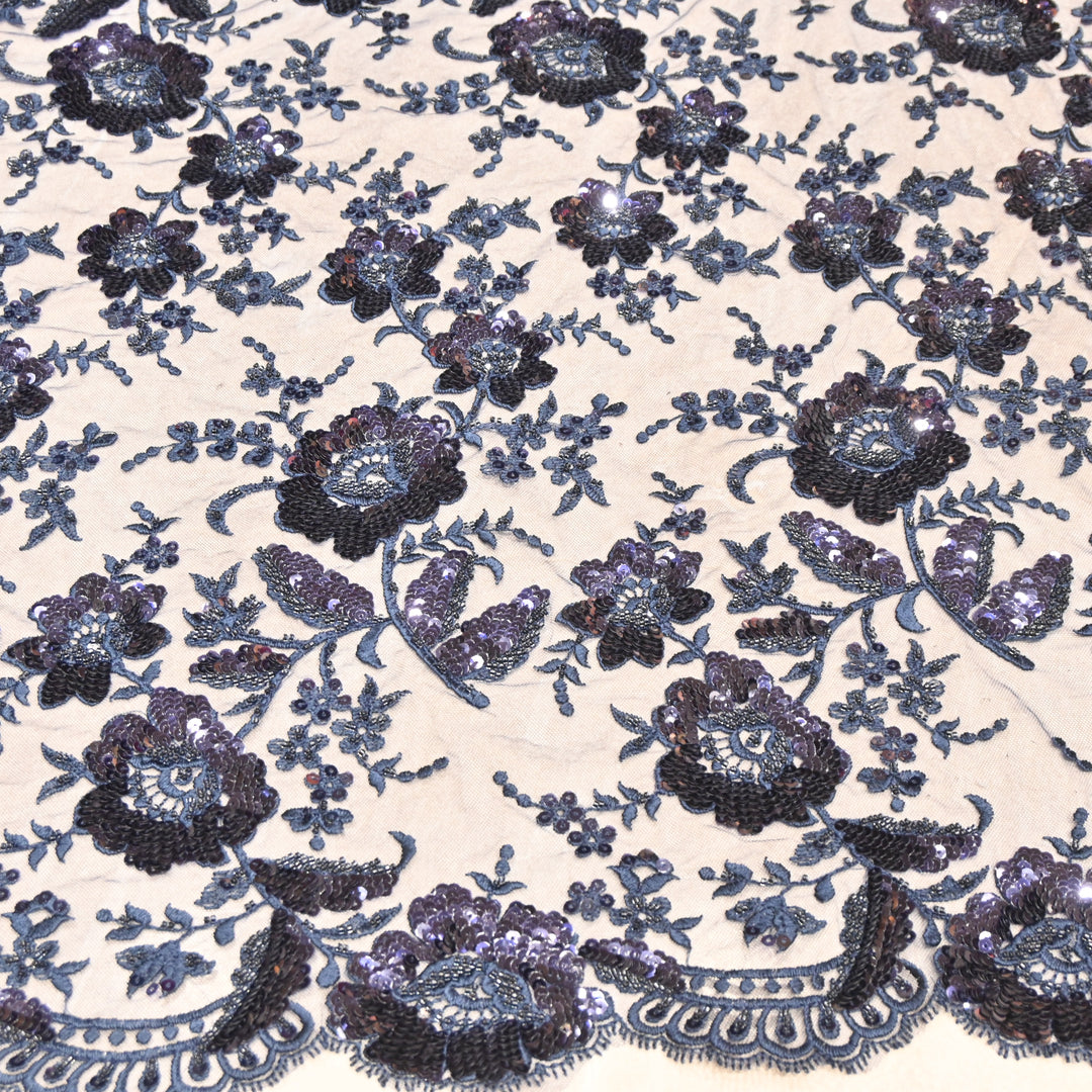 Imported Net Fabric with 3D Floral & Cut Dana Sequins Embroidery – Premium Party Wear Fabric-DY03174-1