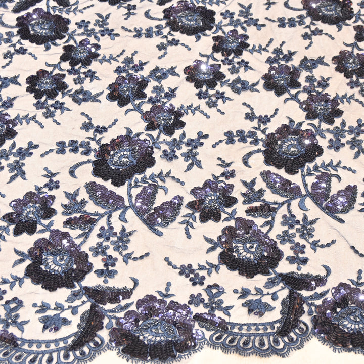 Imported Net Fabric with 3D Floral & Cut Dana Sequins Embroidery – Premium Party Wear Fabric-DY03174-1