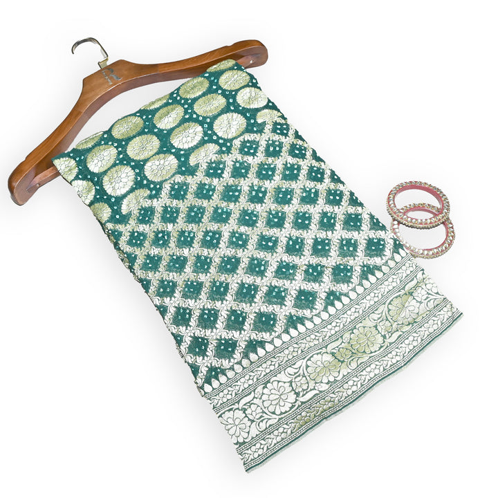 Green Gharchola Bandhani Dupatta in Pure Georgette – Traditional Zari Woven Festive Dupatta