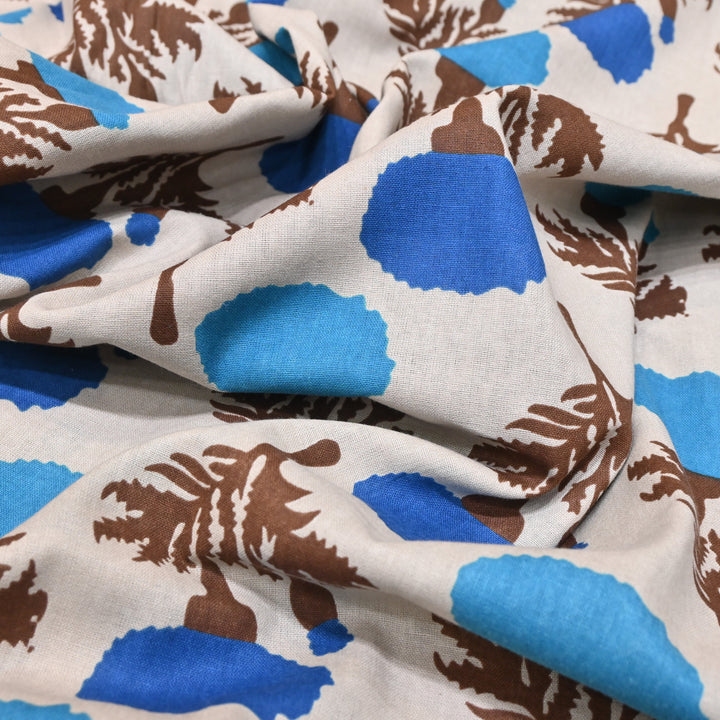 White Cotton Linen In Blue Floral Print