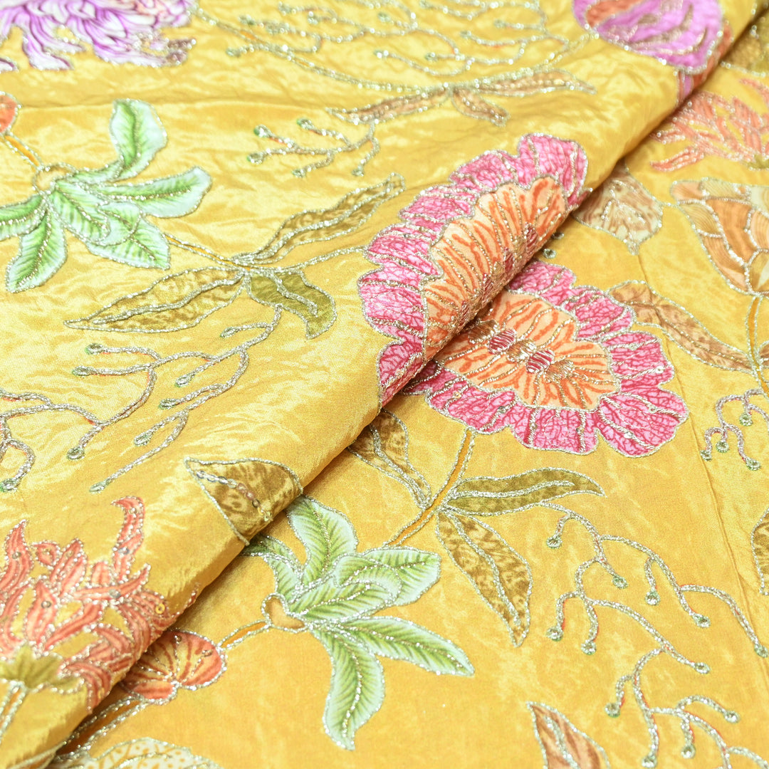 Multi Color Crepe Position Print Zari Sequence Embroidery Fabric-0NP432-4