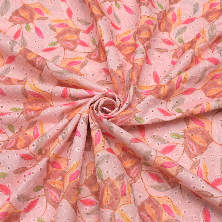 Floral Digital Print Cotton Chikan Embroidery Fabrics