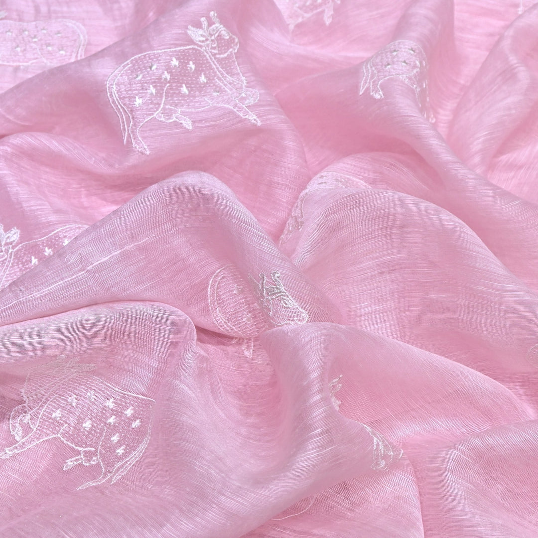 Powder Pink Color Linen Thread Embroidery Fabrics – Soft Designer Linen Embroidered Fabric-031168-5