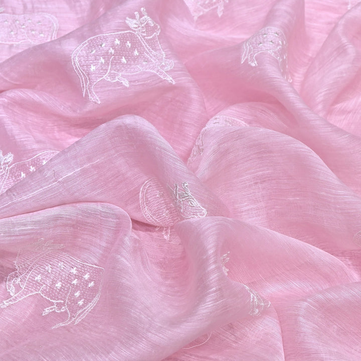Powder Pink Color Linen Thread Embroidery Fabrics – Soft Designer Linen Embroidered Fabric-031168-5