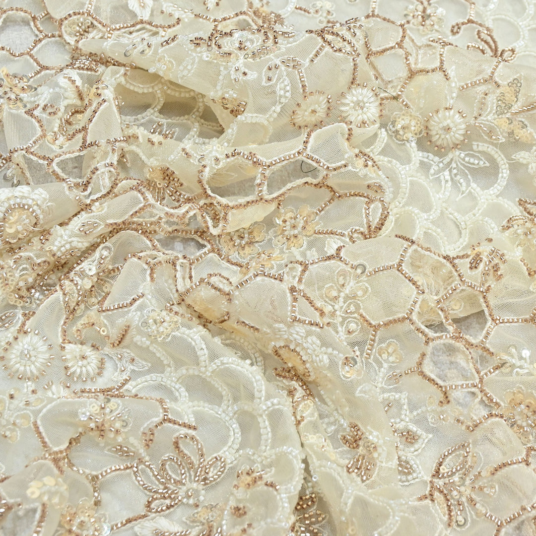 Dyed Net Moti & Sequins Embroidery Fabric – Elegant Designer Net Fabric V2490C