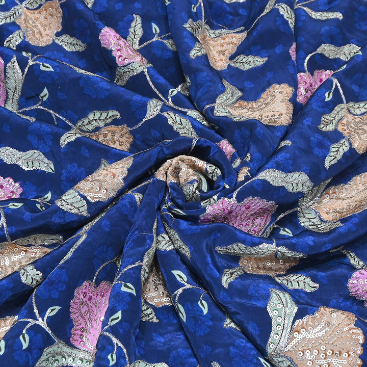 Multi Color Crepe Position Print Fabric with Zari & Sequins Embroidery - 102228-1