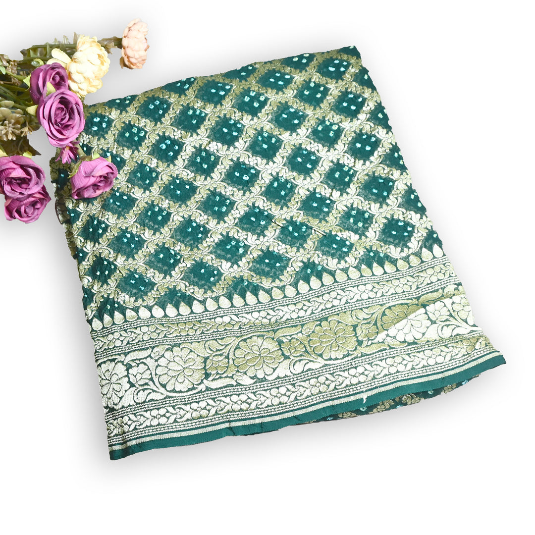 Green Gharchola Bandhani Dupatta in Pure Georgette – Traditional Zari Woven Festive Dupatta