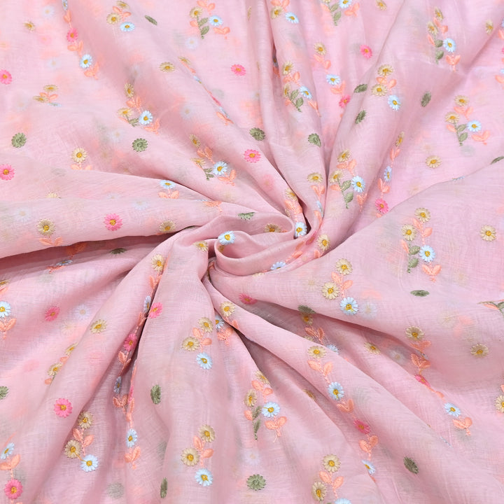 Pastel Pink Color Mul Chanderi Thread Embroidery Fabric – Soft Lightweight Designer Fabric- GP4209-1