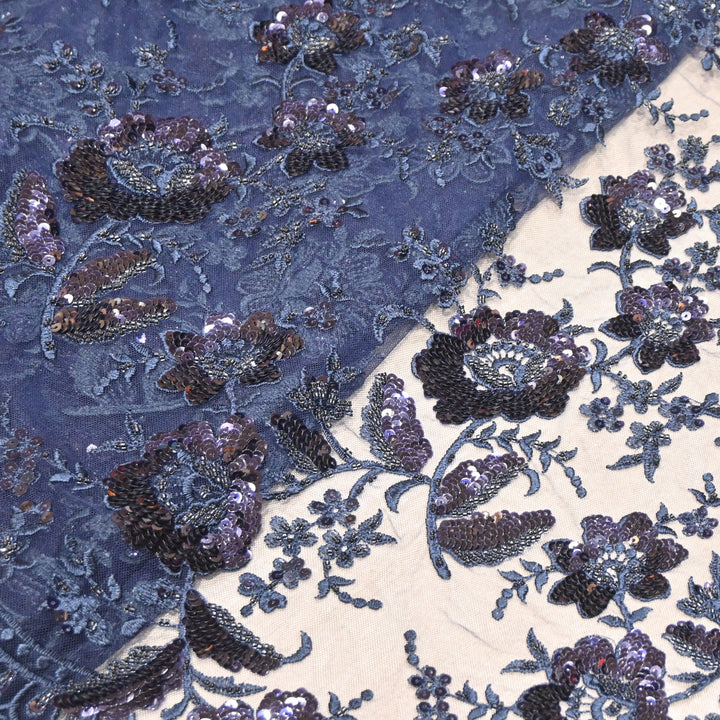 Imported Net Fabric with 3D Floral & Cut Dana Sequins Embroidery – Premium Party Wear Fabric-DY03174-1