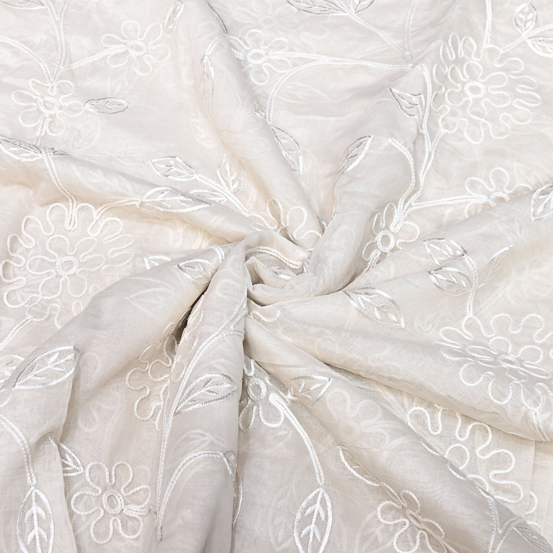 Premium Dyeable Mul Chanderi Floral Thread Embroidery Fabric - MF0638