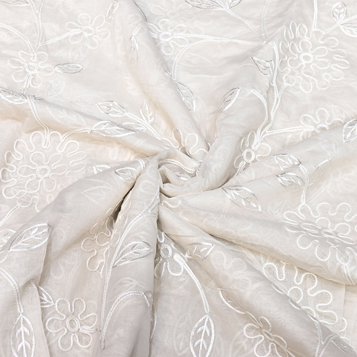 Premium Dyeable Mul Chanderi Floral Thread Embroidery Fabric - MF0638