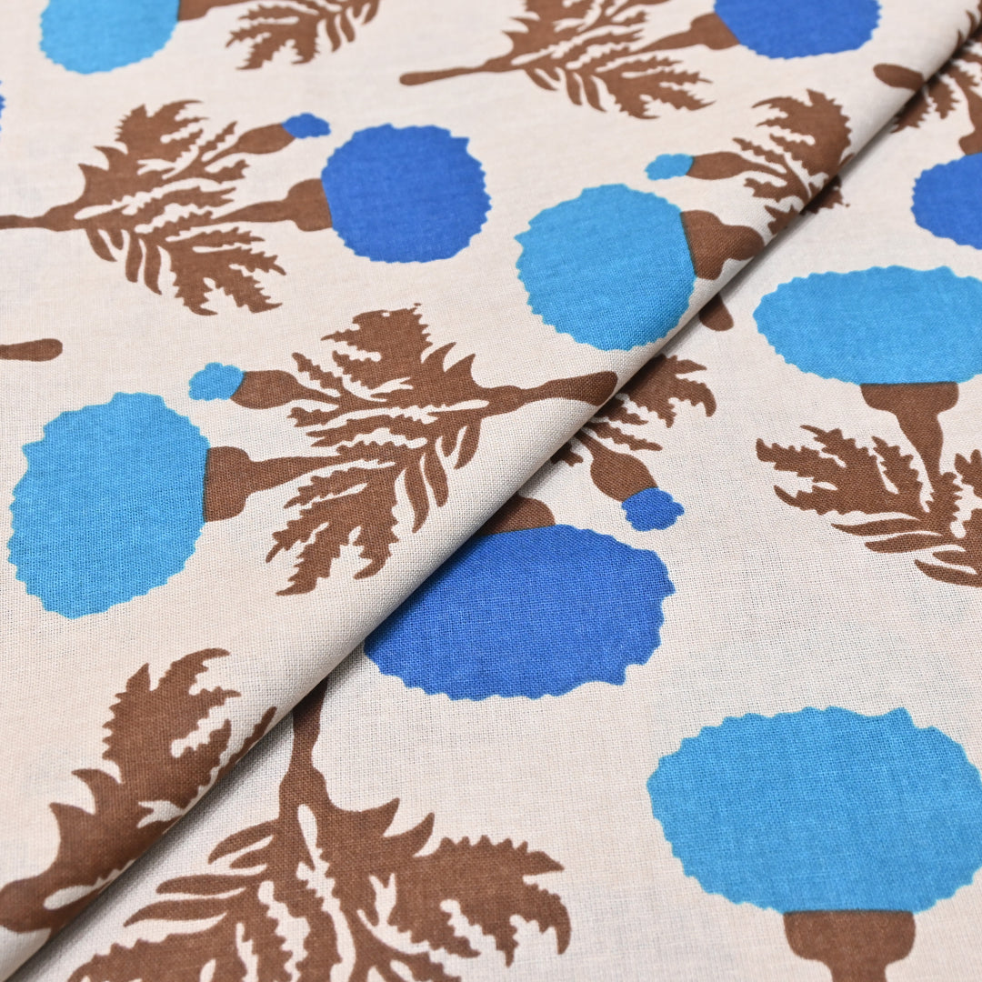 White Cotton Linen In Blue Floral Print