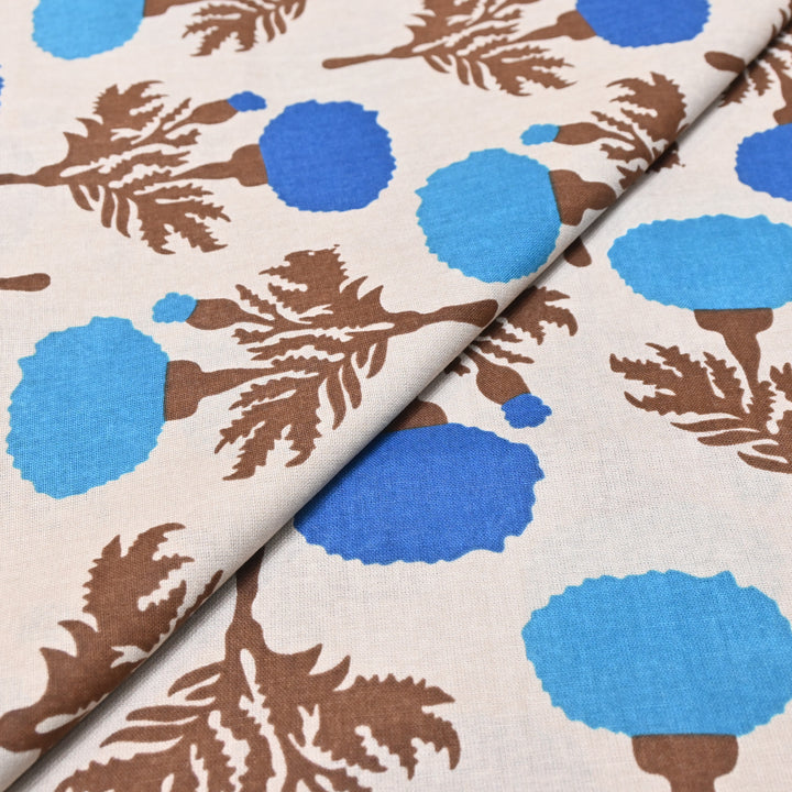 White Cotton Linen In Blue Floral Print