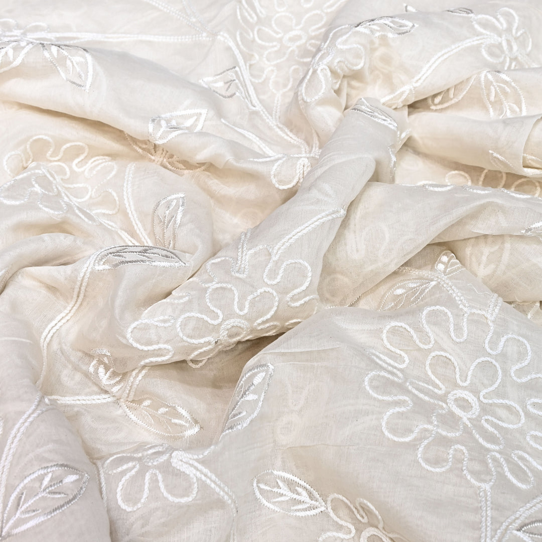 Premium Dyeable Mul Chanderi Floral Thread Embroidery Fabric - MF0638