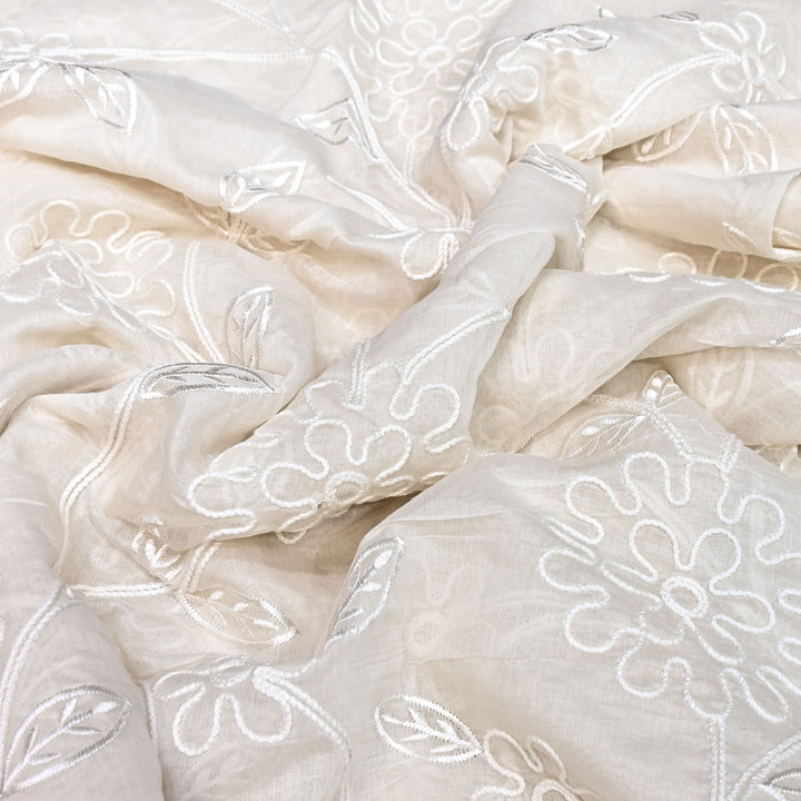 Premium Dyeable Mul Chanderi Floral Thread Embroidery Fabric - MF0638