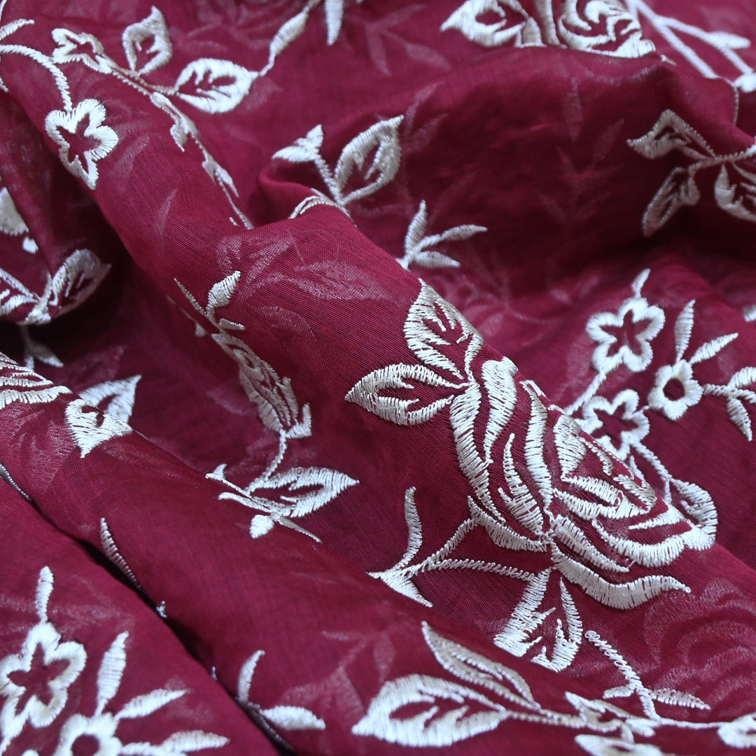 Wine Berry Color Mul Chanderi Thread Embroidery Fabric