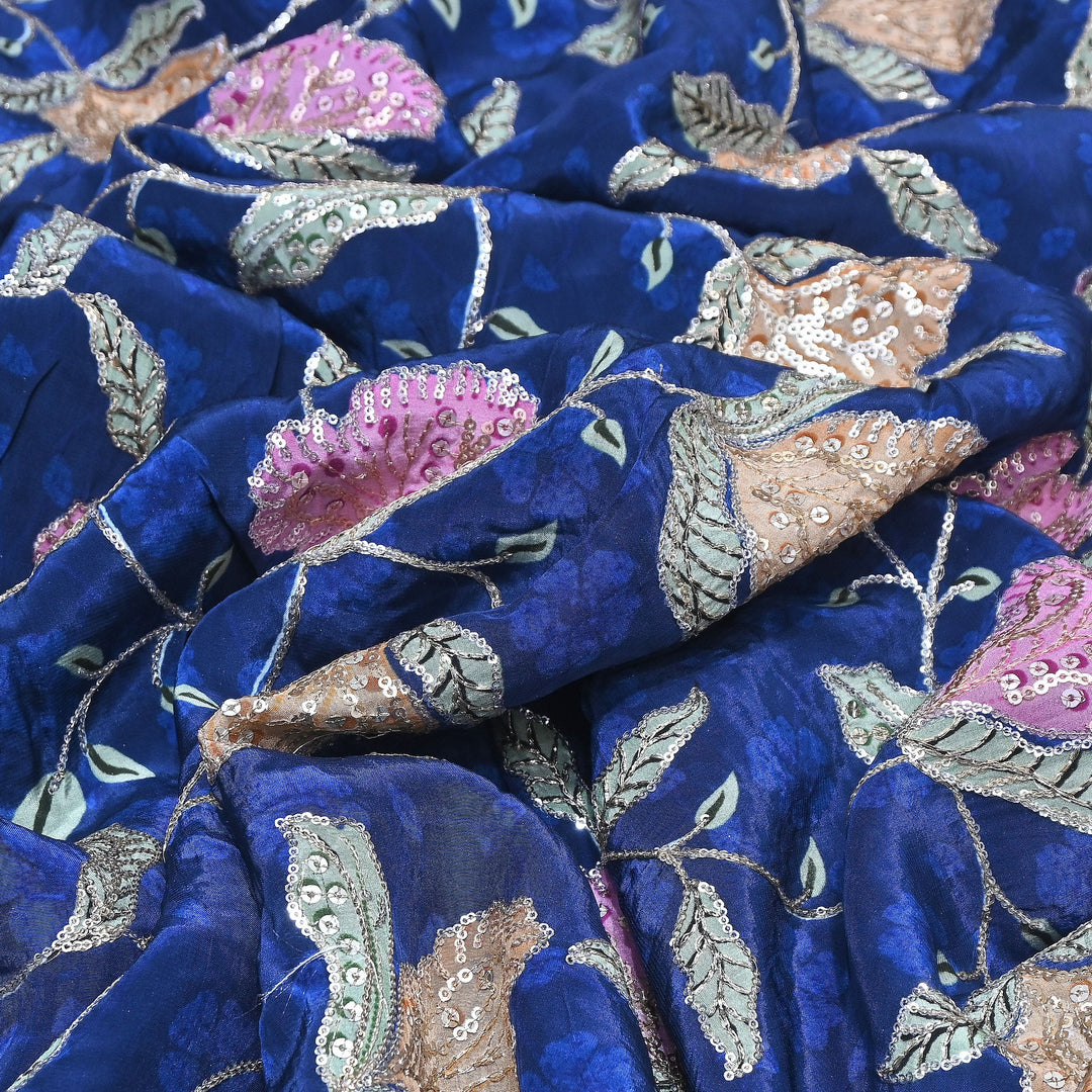 Multi Color Crepe Position Print Fabric with Zari & Sequins Embroidery - 102228-1