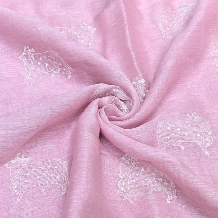 Powder Pink Color Linen Thread Embroidery Fabrics – Soft Designer Linen Embroidered Fabric-031168-5