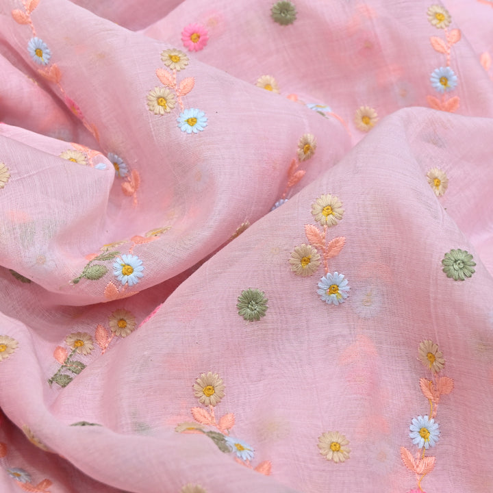 Pastel Pink Color Mul Chanderi Thread Embroidery Fabric – Soft Lightweight Designer Fabric- GP4209-1