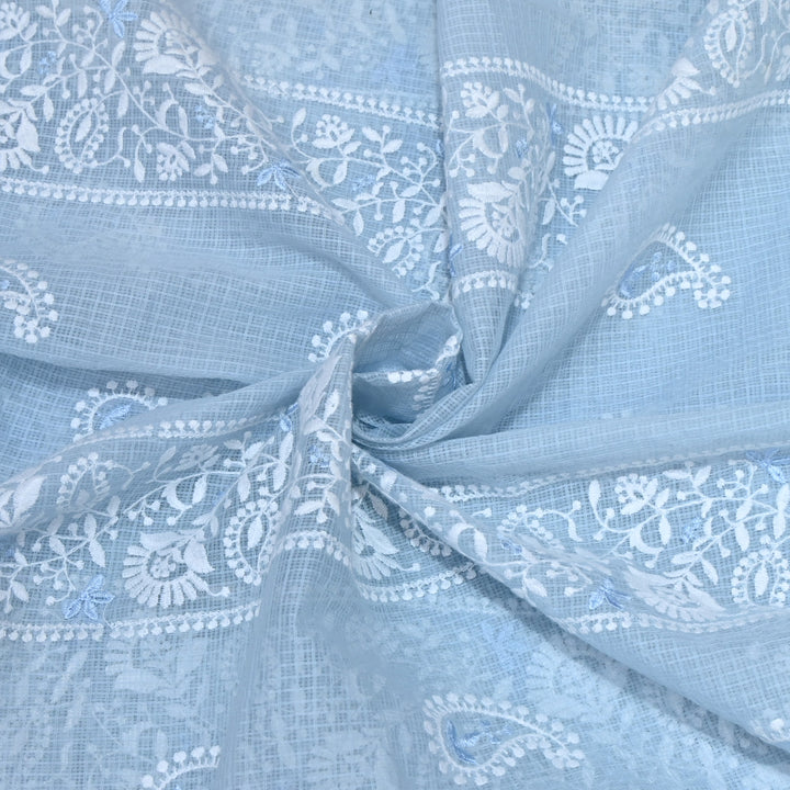 Light blue Color Cotton Kota Thread Embroidery Fabric