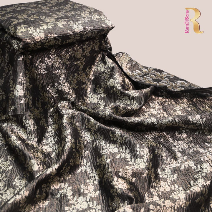 Charcoal Grey Pure Crush Tissue Zari Jaal | T-16-199