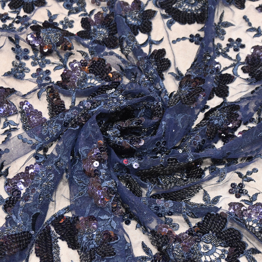 Imported Net Fabric with 3D Floral & Cut Dana Sequins Embroidery – Premium Party Wear Fabric-DY03174-1