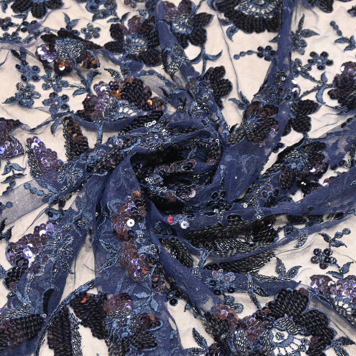 Imported Net Fabric with 3D Floral & Cut Dana Sequins Embroidery – Premium Party Wear Fabric-DY03174-1