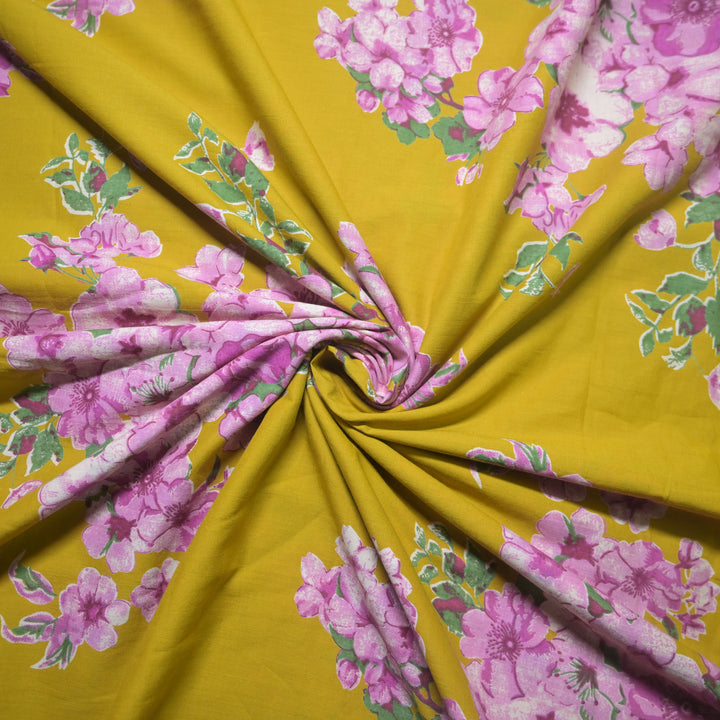 Yellow Cotton Fabric in Floral Print