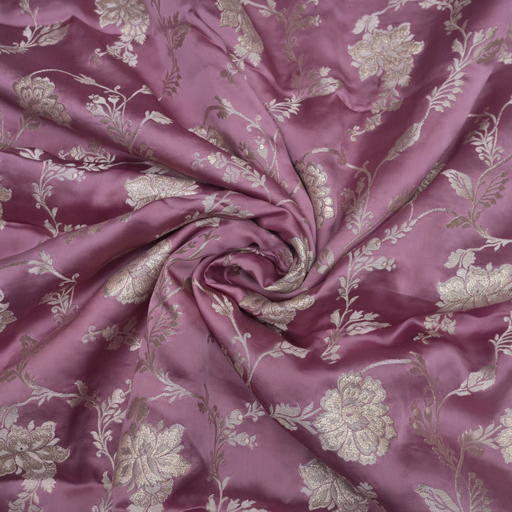 Faded Maroon Satin Brocade with allover Floral Embroidery