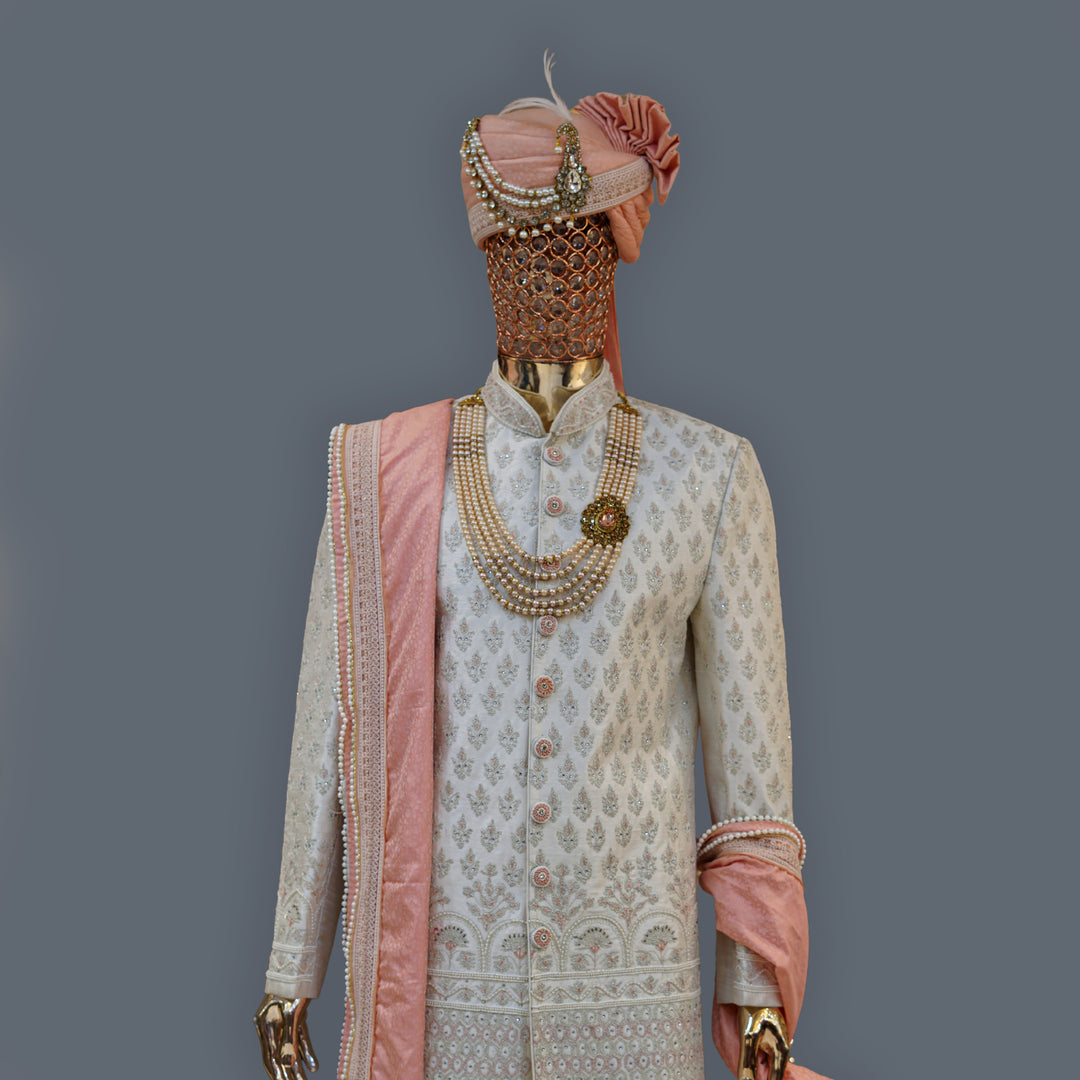 Ivory Raw Silk Sherwani Set with Zari & Cutdana Handwork Embroidery