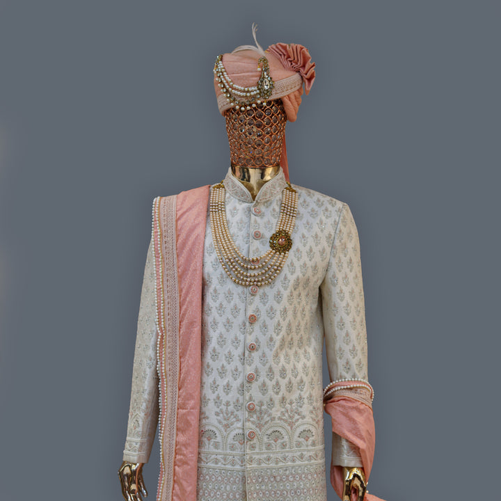 Ivory Raw Silk Sherwani Set with Zari & Cutdana Handwork Embroidery