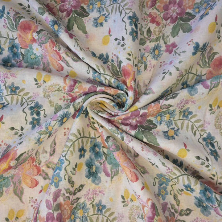 Spring Floral Printed Pure Linen Fabric