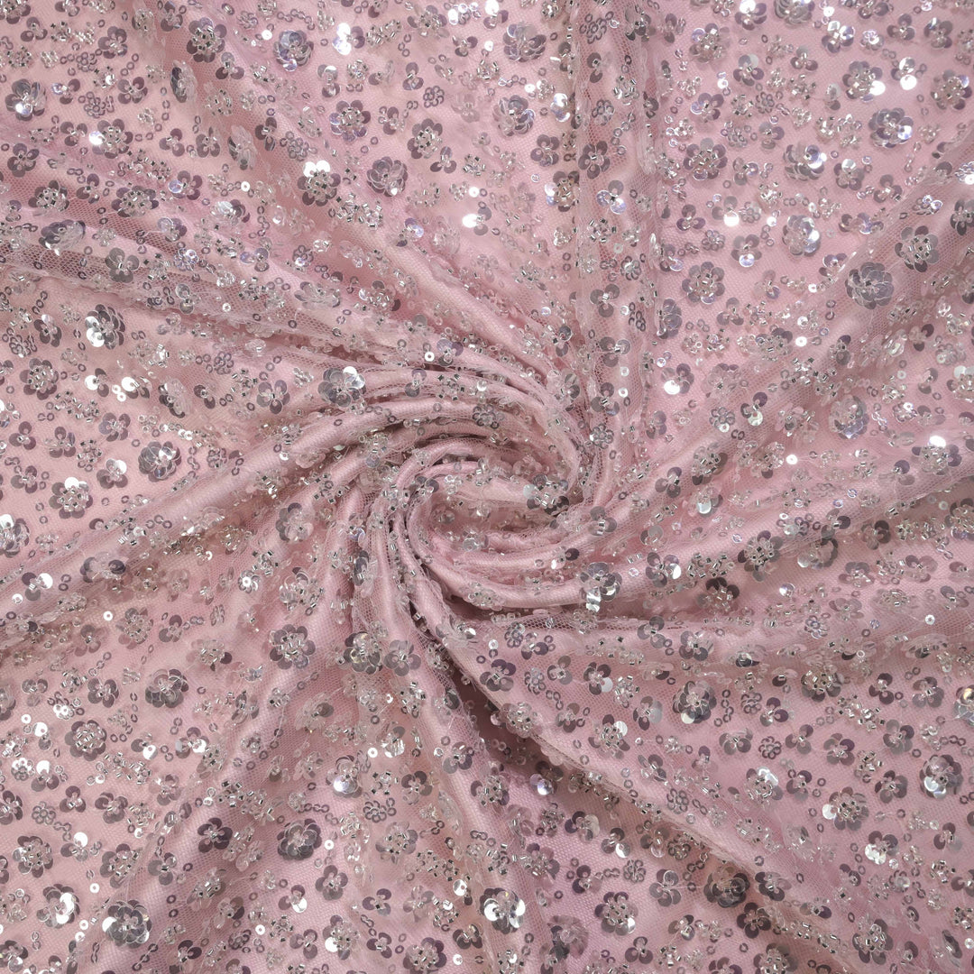 Designer dusty rose Net Embroidery Fabric with water Sequins Embroidery.