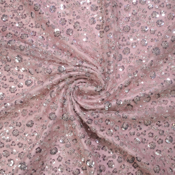 Designer dusty rose Net Embroidery Fabric with water Sequins Embroidery.